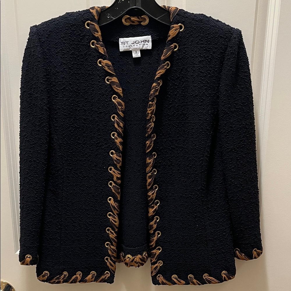 St. John Black Blazer with Leopard Trim